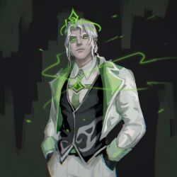 Rule 34 | 1boy, alternate costume, alternate hairstyle, aredlac, black background, black vest, collared shirt, glowing, glowing eyes, green background, green jacket, green necktie, grey hair, hands in pockets, highres, jacket, league of legends, monocle, necktie, pants, shirt, smile, solo, vest, viego (league of legends), white jacket, white pants, white shirt