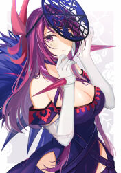 Rule 34 | 1girl, bare shoulders, blue choker, blue dress, breasts, choker, cleavage, closed mouth, commentary request, detached sleeves, dress, elbow gloves, eyelashes, fascinator, fire emblem, fire emblem engage, frown, gloves, hands up, highres, ivy (fire emblem), large breasts, long hair, looking at viewer, mole, mole under mouth, nintendo, pelvic curtain, purple dress, purple eyes, purple hair, purple thighhighs, satoimo chika, side slit, solo, spikes, thighhighs, upper body, very long hair, white gloves