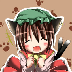 Rule 34 | 1girl, animal ears, blush, cat ears, cat girl, cat tail, chen, earrings, closed eyes, fang, female focus, hat, jewelry, kazura, multiple tails, open mouth, ribbon, short hair, smile, solo, tail, touhou