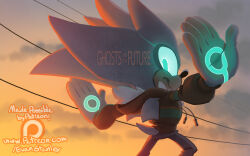 Rule 34 | 1boy, :t, alternate costume, animal nose, aqua eyes, arms up, artist name, body fur, brown sweater, closed mouth, cloud, drawstring, english text, evan stanley, from behind, furry, furry male, gloves, glowing, glowing eyes, gradient sky, grey hair, grey pants, highres, hood, hood down, hooded sweater, long hair, looking at viewer, looking back, male focus, neon trim, orange sky, outdoors, outstretched arms, pants, patreon logo, patreon username, power lines, sideways mouth, signature, silver the hedgehog, sky, solo, sonic (series), spiked hair, spread arms, standing, sunset, sweater, tail, watermark, web address, white fur, white gloves