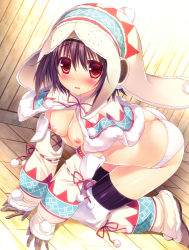 Rule 34 | 1girl, all fours, ass, black hair, black thighhighs, blush, breasts, capcom, capelet, cover, cover page, gloves, kizuki erika, lagombi (armor), looking at viewer, monster hunter (series), nipples, panties, red eyes, short hair, solo, thighhighs, underwear, white panties