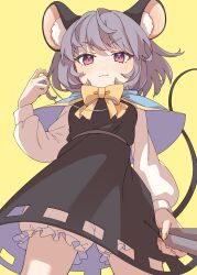 Rule 34 | 1girl, absurdres, animal ear fluff, animal ears, black dress, blue capelet, blush, capelet, closed mouth, dress, e sdss, feet out of frame, fingernails, grey hair, highres, jewelry, long sleeves, mouse ears, mouse tail, nazrin, pendant, red eyes, short hair, simple background, smile, solo, tail, touhou, yellow background
