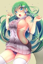 Rule 34 | 1girl, alternate costume, artist self-insert, backless dress, backless outfit, bare arms, bare back, bare shoulders, blue eyes, blush, breasts, cowboy shot, dress, frog hair ornament, green hair, hair ornament, hair tubes, kochiya sanae, large breasts, long hair, meme attire, open mouth, panties, purple panties, ribbed sweater, rimu (kingyo origin), sideboob, snake hair ornament, solo, sweater, sweater dress, thighhighs, touhou, turtleneck, turtleneck sweater, underwear, very long hair, virgin killer sweater, white thighhighs