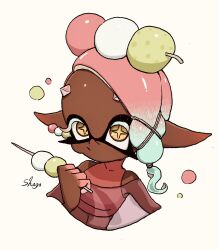 Rule 34 | 1girl, artist name, blue hair, closed mouth, colored eyelashes, colored tips, commentary request, cropped torso, dango, dark-skinned female, dark skin, earrings, eyelashes, food, food-themed earrings, food on head, frye (splatoon), highres, holding, holding stick, inkling, jewelry, long hair, long pointy ears, multicolored hair, nintendo, object on head, pink hair, pointy ears, shogo (shogo70449442), simple background, solo, splatoon (series), splatoon 3, star-shaped pupils, star (symbol), stick, symbol-shaped pupils, tentacle hair, upper body, wagashi, white background, yellow eyes