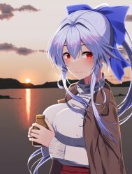 Rule 34 | 1girl, blue bow, blush, bottle, bow, breasts, brown coat, cloud, coat, coat on shoulders, commentary request, fate/grand order, fate (series), grey hair, grey sweater, hair between eyes, hair bow, happy new year, highres, holding, holding bottle, huge breasts, kuroshiro (ms-2420), long hair, looking at viewer, new year, ponytail, red eyes, smile, solo, sweater, tomoe gozen (fate), turtleneck, turtleneck sweater, water