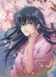 Rule 34 | 1girl, black hair, cherry blossoms, collarbone, falling petals, floating hair, highres, long hair, looking at viewer, maison ikkoku, otonashi kyouko, outdoors, parted lips, petals, pink shirt, shirt, signature, solo, t nao1576, tree
