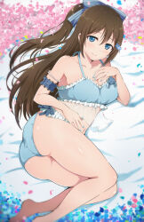 Rule 34 | 1girl, absurdres, ass, barefoot, bikini, blue bikini, blue bow, blue eyes, blue nails, bow, breasts, brown hair, cleavage, commentary request, foot out of frame, highres, legs, long hair, love live!, love live! nijigasaki high school idol club, lying, medium breasts, nail polish, official alternate costume, on side, osaka shizuku, ponytail, smile, solo, swimsuit, wewe