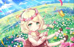 Rule 34 | 10s, ahoge, beads, bug, butterfly, butterfly on head, buttons, cloud, dandelion, day, field, flower, forest, frills, green eyes, hair flower, hair ornament, idolmaster, idolmaster cinderella girls, insect, looking at viewer, messy hair, nature, official art, outdoors, petals, red skirt, ribbon, skirt, solo, sunlight, tree, twintails, yusa kozue