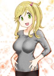 Rule 34 | 1girl, blonde hair, breasts, brown hair, commentary request, eyebrows, eyes visible through hair, fang, green eyes, hair bobbles, hair ornament, hands on own hips, highres, impossible clothes, impossible sweater, inuyama aoi, large breasts, long hair, looking at viewer, open mouth, side ponytail, smile, solo, standing, sweater, thick eyebrows, ueyama michirou, yurucamp