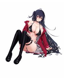 Rule 34 | 1girl, absurdres, ahoge, azur lane, bikini, black bikini, black choker, black footwear, black hair, boots, breasts, choker, crossed bangs, full body, hair between eyes, highres, jacket, kuyoumi, large breasts, long hair, looking at viewer, multi-strapped bikini bottom, multiple straps, official alternate costume, race queen, red eyes, red jacket, simple background, sitting, solo, swimsuit, taihou (azur lane), taihou (enraptured companion) (azur lane), thigh boots, thigh strap, very long hair, white background