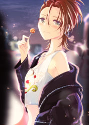 Rule 34 | 1girl, absurdres, armpits, asymmetrical hair, black jacket, blurry, blurry background, blush, bokeh, bright pupils, brown hair, candy, depth of field, food, forehead, glint, highres, holding, holding candy, holding food, idolmaster, idolmaster cinderella girls, idolmaster cinderella girls starlight stage, jacket, jacket partially removed, jewelry, kimura natsuki, kumatsuki (no-kirin), light smile, lollipop, looking at viewer, looking to the side, necklace, outdoors, print tank top, sideways glance, solo, upper body
