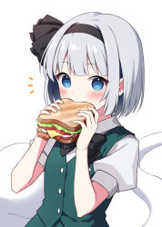 Rule 34 | 1girl, black bow, black bowtie, blue eyes, blush, bow, bowtie, closed mouth, commentary request, food, ghost, green vest, grey hair, highres, holding, holding food, konpaku youmu, konpaku youmu (ghost), looking at viewer, sandwich, short hair, short sleeves, simple background, solo, suzuno naru, touhou, upper body, vest, white background