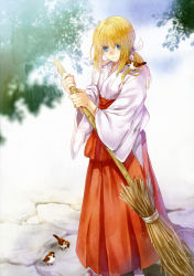 Rule 34 | 00s, 1girl, absurdres, alternate costume, alternate hairstyle, animal, animal on shoulder, artoria pendragon (all), artoria pendragon (fate), bamboo broom, bird, bird on shoulder, blonde hair, blue eyes, broom, fate/stay night, fate (series), highres, japanese clothes, long hair, miko, ponytail, saber (fate), scan, smile, solo, sparrow, tenkuu sphere