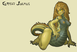 Rule 34 | 1girl, :p, belly, black skin, breasts, character name, colored skin, female focus, great jagras, highres, kneeling, long hair, monster girl, monster hunter, monster hunter: world, monster hunter (series), muhut, multicolored skin, nipples, nude, personification, solo, tail, tongue, tongue out, two-tone skin, vore, yellow eyes, yellow skin
