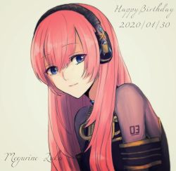 Rule 34 | 1girl, armband, beige background, black shirt, blue eyes, character name, commentary, dated, gold trim, happy birthday, headphones, light smile, long hair, looking at viewer, megurine luka, moa0291, number tattoo, pink hair, shirt, shoulder tattoo, solo, tattoo, upper body, vocaloid