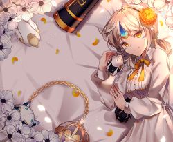 Rule 34 | 1girl, alternate costume, alternate hairstyle, bad id, bad pixiv id, collared dress, colorized, dress, elsword, eve (elsword), facial mark, flower, forehead jewel, frills, hair flower, hair ornament, hairband, light, light particles, lium, lying, moby (elsword), on side, remy (elsword), robot, smile, twintails, white hair, yellow eyes