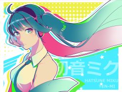 Rule 34 | 1girl, absurdres, ahoge, artist name, black hairband, blue eyes, blue hair, blue necktie, character name, collared shirt, detached sleeves, floating hair, hairband, hatsune miku, headphones, highres, long hair, looking at viewer, multicolored hair, necktie, parted lips, pink hair, shirt, sleeveless, sleeveless shirt, solo, two-tone hair, upper body, very long hair, vocaloid, white shirt, wing collar, yen-mi