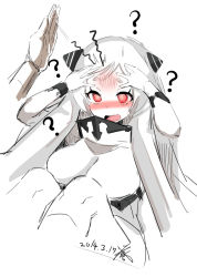 Rule 34 | 10s, 1girl, ?, @ @, airfield princess, artist name, blush, bodysuit, breasts, colored skin, dated, fang, hands on own head, hitting, horns, kantai collection, large breasts, long hair, open mouth, red eyes, rib:y(uhki), signature, simple background, sitting, solo, sweat, sweatdrop, text focus, white background, white hair, white skin
