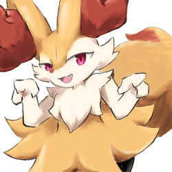 Rule 34 | 1girl, :3, animal ear fluff, animal ears, animal hands, animal nose, body fur, braixen, creatures (company), fang, female focus, flat chest, fox ears, fox girl, fox tail, furry, furry female, game freak, gen 6 pokemon, hands up, happy, highres, looking at viewer, nintendo, open mouth, pokemon, pokemon (creature), red eyes, san (sanchimpo), simple background, sketch, smile, snout, solo, standing, tail, two-tone fur, upper body, white background, white fur, yellow fur