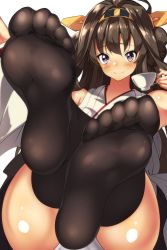 Rule 34 | 10s, 1girl, absurdres, artist request, black thighhighs, blush, brown hair, cup, feet, foot focus, hair ornament, hairband, highres, kantai collection, kongou (kancolle), long hair, looking at viewer, no shoes, panties, pantyshot, pov, purple eyes, smile, soles, teacup, thighhighs, toes, underwear