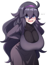 Rule 34 | ..., 1girl, @ @, alternate breast size, arms behind back, black hair, black sweater, blush, breasts, commentary request, cowlick, creatures (company), dress, feet out of frame, game freak, grey background, hair between eyes, hairband, hanging breasts, hex maniac (pokemon), highres, huge breasts, kurorettsu, long dress, long hair, long sleeves, looking at viewer, messy hair, nintendo, open mouth, pokemon, pokemon xy, purple dress, purple eyes, purple hairband, ribbed sweater, simple background, smile, solo, sweater, turtleneck, turtleneck sweater, very long hair