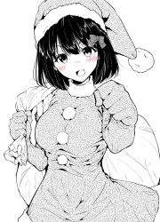 Rule 34 | 1girl, :d, blush, bow, breasts, dress, elbow gloves, fur-trimmed dress, fur-trimmed headwear, fur trim, gloves, hair between eyes, hair bow, hat, hibike! euphonium, highres, hisaishi kanade, holding, holding sack, looking at viewer, medium breasts, mokufuu, monochrome, open mouth, sack, santa costume, santa hat, simple background, sleeveless, sleeveless dress, smile, solo, spot color, v-shaped eyebrows, white background