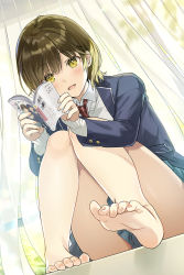 Rule 34 | 1girl, bare legs, barefoot, blazer, blue jacket, blue skirt, blush, bob cut, book, brown eyes, brown hair, collared shirt, curtains, eyebrows hidden by hair, feet, highres, holding, holding book, indoors, jacket, knees together feet apart, long sleeves, necktie, open book, open mouth, original, pleated skirt, reading, red necktie, school uniform, shirt, short hair, sitting, skirt, smile, soles, solo, tan (tangent), toes, white shirt, window