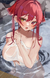 Rule 34 | 1girl, blush, breasts, covering privates, fang, hair ribbon, heterochromia, highres, hololive, houshou marine, large breasts, long hair, looking at viewer, moku yoi, nude cover, onsen, open mouth, red eyes, red hair, red ribbon, ribbon, skin fang, smile, solo, virtual youtuber, water, wet towel, yellow eyes