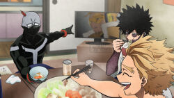 Rule 34 | 0ksiri0, 3boys, black hair, blonde hair, blue eyes, bodysuit, boku no hero academia, bowl, bubaigawara jin, can, chopsticks, closed eyes, commentary request, cup, dabi (boku no hero academia), eating, feathers, food, hawks (boku no hero academia), highres, holding, holding bowl, holding chopsticks, indoors, looking at another, male focus, multiple boys, noodles, official style, open mouth, pointing, short hair, single tear, sitting, smile, spiked hair, table, television, watermark