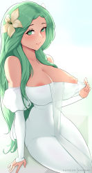 Rule 34 | 1girl, absurdres, breasts, clothes pull, dress, dress pull, exhibitionism, fire emblem, fire emblem: three houses, green eyes, green hair, highres, hioyami, large breasts, looking at viewer, nintendo, nipples, pointy nose, public indecency, rhea (fire emblem), simple background, sitting, smile, solo, white background