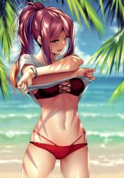 Rule 34 | 1girl, absurdres, beach, bikini, blurry, blurry background, bracelet, breasts, brown eyes, cowboy shot, day, highres, jewelry, lifting own clothes, long hair, looking at viewer, medium breasts, multi-strapped bikini, navel, ocean, original, outdoors, palm leaf, pink hair, piromizu, scan, shiny skin, shirt, short sleeves, smile, solo, stomach, swimsuit, t-shirt, water
