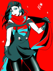 Rule 34 | 1girl, aqua eyes, black gloves, black hair, chico0619, earrings, gloves, jewelry, jojo no kimyou na bouken, limited palette, lipstick, lisa lisa, long hair, makeup, pantyhose, red lips, red scarf, scarf, shiny clothes, solo