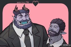 Rule 34 | 2boys, ^ ^, absurdres, alternate costume, artist request, bara, beard, black suit, closed eyes, colored skin, demon boy, demon horns, extra horns, facial hair, formal, heart, highres, horns, husband and husband, laughing, male focus, multiple boys, muscular, muscular male, mustache, necktie, one eye closed, original, pink background, pointy ears, purple skin, short hair, sideburns, suit, thick mustache, upper body, yaoi