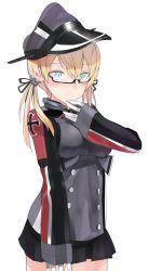 Rule 34 | 10s, 1girl, anchor hair ornament, aqua eyes, bad id, bad twitter id, bespectacled, blonde hair, blush, breasts, fujibejifu, glasses, gloves, hair ornament, hand to own mouth, hat, kantai collection, long hair, low twintails, microskirt, peaked cap, prinz eugen (kancolle), simple background, skirt, solo, standing, sweatdrop, twintails, white background, white gloves