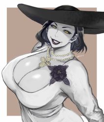 Rule 34 | 1girl, alcina dimitrescu, black headwear, black sclera, breasts, capcom, cleavage, colored sclera, colored skin, dress, evil grin, evil smile, flower, grey skin, grin, hat, large breasts, looking at viewer, medium hair, red lips, resident evil, resident evil village, rose, shaded face, shibusun, sketch, smile, sun hat, vampire, white dress, yellow eyes