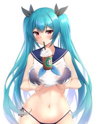 Rule 34 | 1girl, aqua hair, bad id, bad pixiv id, bikini, black ribbon, blue bikini, blue sailor collar, blush, breast lift, breasts, bubble tea challenge, commentary, crop top, drinking, drinking straw, dungeon and fighter, hair ribbon, highres, large breasts, long hair, maemi (maemi12), navel, red eyes, ribbon, sailor collar, see-through, shirt, side-tie bikini bottom, side-tie bottom, simple background, sleeveless, sleeveless shirt, solo, standing, starbucks, swimsuit, twintails, very long hair, wet, wet clothes, white background, white shirt