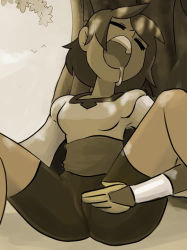 Rule 34 | 1girl, ajna (indivisible), artist request, bike shorts, brown hair, dark-skinned female, dark skin, drooling, closed eyes, female masturbation, greyscale, indivisible, masturbation, masturbation through clothes, monochrome, open mouth, saliva, solo, tree