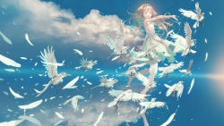 Rule 34 | 1girl, :d, bird, blonde hair, blue eyes, cloud, dove, dress, from side, full body, highres, open mouth, original, outstretched arms, sky, sleeveless, smile, vofan, white dress