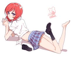 Rule 34 | 10s, 14 (vision5032), 1girl, 2015, bad id, bad twitter id, barefoot, black socks, blush, dated, feet, full body, legs up, long legs, love live!, love live! school idol project, lying, midriff, nishikino maki, on stomach, own hands together, plaid, plaid skirt, pleated skirt, purple eyes, red hair, shirt, shoes, signature, simple background, single shoe, single sock, skirt, socks, solo, tied shirt, white background