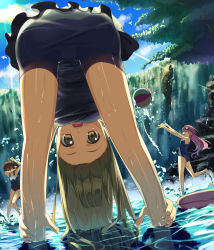 Rule 34 | 3girls, :d, :o, ;|, ^ ^, afloat, armpits, ass, ayataka, bare legs, bare shoulders, barefoot, blonde hair, blue one-piece swimsuit, blue sky, blush, brown hair, closed eyes, cloud, collarbone, covering face, day, dripping, floating hair, hands on legs, highres, jumping, leg up, legs apart, light rays, long hair, looking at viewer, looking through own legs, multiple girls, one-piece swimsuit, open mouth, original, outdoors, pink hair, plant, pond, profile, reflection, rock, round teeth, school swimsuit, short hair, sky, smile, sparkle, splashing, standing, sun, sunlight, swimsuit, tareme, teeth, throwing, tree, very long hair, wading, water, water drop, waterfall, wet, wet hair