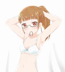 Rule 34 | 1girl, adjusting hair, aika (aica17), armpits, arms up, bad id, bad pixiv id, blush, bra, breasts, brown hair, cleavage, glasses, highres, lingerie, long hair, looking at viewer, minami mirei, mouth hold, navel, open mouth, pretty series, pripara, small breasts, solo, tying hair, underwear, white bra