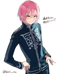 Rule 34 | 1girl, blazer, closed mouth, commentary request, crossdressing, hair between eyes, hand on own hip, jack jeanne, jacket, kairi jj, long sleeves, looking at viewer, pink hair, reverse trap, school uniform, short hair, sidelighting, sketch, smile, solo, tachibana kisa, translation request, twitter username, upper body, white background, yellow eyes