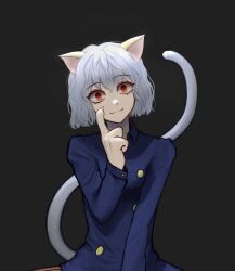 Rule 34 | 1other, :3, absurdres, animal ears, animal hands, blue shirt, buttons, cat ears, cat tail, closed mouth, dbr (dbruuu9), double-breasted, fewer digits, fingernails, grey background, grey hair, head tilt, highres, hunter x hunter, long sleeves, looking at viewer, neferpitou, red eyes, sharp fingernails, shirt, short hair, simple background, sitting, smile, solo, tail