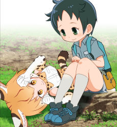 Rule 34 | 10s, 2girls, alternate costume, alternate hairstyle, androgynous, animal ears, backpack, bag, black hair, blonde hair, bow, bowtie, commentary request, day, extra serval (kemono friends), gloves, grass, green eyes, highres, kaban (kemono friends), kemono friends, kneehighs, looking at another, lying, multiple girls, no headwear, outdoors, paw pose, print bow, print bowtie, print gloves, print neckwear, prototype design, rock, sat-c, serval print, serval tail, shoes, short hair, sitting, sleeveless, smile, sneakers, socks, tail, white legwear, yellow eyes