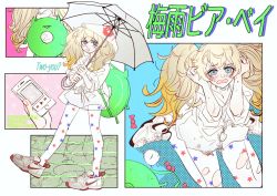 Rule 34 | 1girl, abyssal ship, alternate costume, anno88888, blonde hair, blue eyes, bow, candy, cellphone, enemy lifebuoy (kancolle), food, gambier bay (kancolle), highres, holding, holding phone, holding umbrella, hood, hood up, kantai collection, long hair, multiple views, pantyhose, phone, raincoat, shoes, shorts, smartphone, sneakers, star (symbol), star print, torn clothes, torn legwear, twintails, umbrella, white shorts