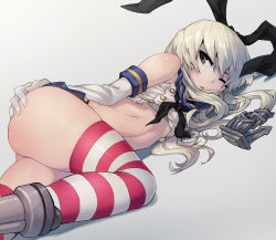 Rule 34 | 10s, 1girl, ass, ass grab, bad id, bad pixiv id, blonde hair, brown eyes, elbow gloves, female focus, gloves, hairband, highres, kantai collection, ljs35794, long hair, shimakaze (kancolle), solo, striped clothes, striped thighhighs, thighhighs, torn clothes, wince