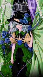 Rule 34 | 1girl, adapted costume, arm at side, balloon, birdcage, black hat, black ribbon, black skirt, blue flower, blue ribbon, blue rose, bow, brooch, cage, collared shirt, commentary, corset, curtains, feet out of frame, flower, frilled shirt collar, frilled sleeves, frills, green bow, green eyes, green hair, green skirt, hand up, hat, hat flower, hat ribbon, heart, heart balloon, heart of string, highres, jewelry, komeiji koishi, leaf, looking at viewer, medium hair, multicolored clothes, multicolored skirt, neck ribbon, one eye covered, parted lips, puffy short sleeves, puffy sleeves, ribbon, ringocha, rose, shirt, short sleeves, skirt, smile, solo, standing, third eye, touhou, wavy hair, yellow shirt