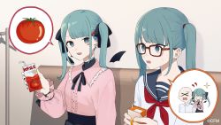 Rule 34 | 2girls, absurdres, bandaid, bandaid on neck, bat wings, black bow, black nails, blue eyes, blue hair, blue sailor collar, bow, carton, cinderella (vocaloid), commentary request, couch, creator connection, detached wings, drinking straw, facial tattoo, glasses, hair bow, hair ornament, hatsune miku, heart, heart hair ornament, heart tattoo, highres, indoors, juice, long hair, long sleeves, multiple girls, nail polish, neckerchief, orange juice, pink shirt, puffy long sleeves, puffy sleeves, rectangular eyewear, red-framed eyewear, red neckerchief, rozu ki, sailor collar, school uniform, serafuku, shirt, sitting, sparkle, speech bubble, sweat, tattoo, tomato juice, twintails, vampire (vocaloid), vocaloid, wings