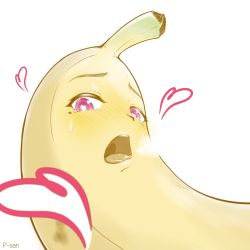 Rule 34 | artist name, banana, blush, breath, close-up, food, food with face, fruit, furrowed brow, heart, heart-shaped pupils, highres, looking at viewer, mole, mole under eye, naughty face, no humans, nose blush, open mouth, original, p-san (sansin), parted lips, personification, pink eyes, signature, simple background, sweat, symbol-shaped pupils, teeth, tongue, upper teeth only, what, white background