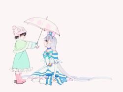 Rule 34 | 2girls, aged down, aoi tete, aqua bow, aqua bowtie, aqua dress, artist logo, black hair, blue bow, blue choker, blue crown, blue eyes, blue hairband, blue mittens, bobblehat, boots, bow, bowtie, brooch, capelet, choker, closed eyes, closed mouth, commentary, crown, crown earrings, cure nyammy, dress, dress bow, earrings, frilled dress, frills, from side, fur-trimmed capelet, fur-trimmed dress, fur trim, green capelet, grey hair, hair bow, hairband, hat, heart, heart brooch, highres, holding, holding umbrella, jewelry, long dress, long hair, looking at another, magical girl, medium dress, mini crown, mittens, multiple girls, nekoyashiki mayu, nekoyashiki yuki, off-shoulder dress, off shoulder, offering umbrella, pink bow, pink footwear, pouch, precure, short hair, simple background, sitting, smile, standing, thighhighs, umbrella, very long hair, wariza, white background, white dress, white hat, white thighhighs, wonderful precure!